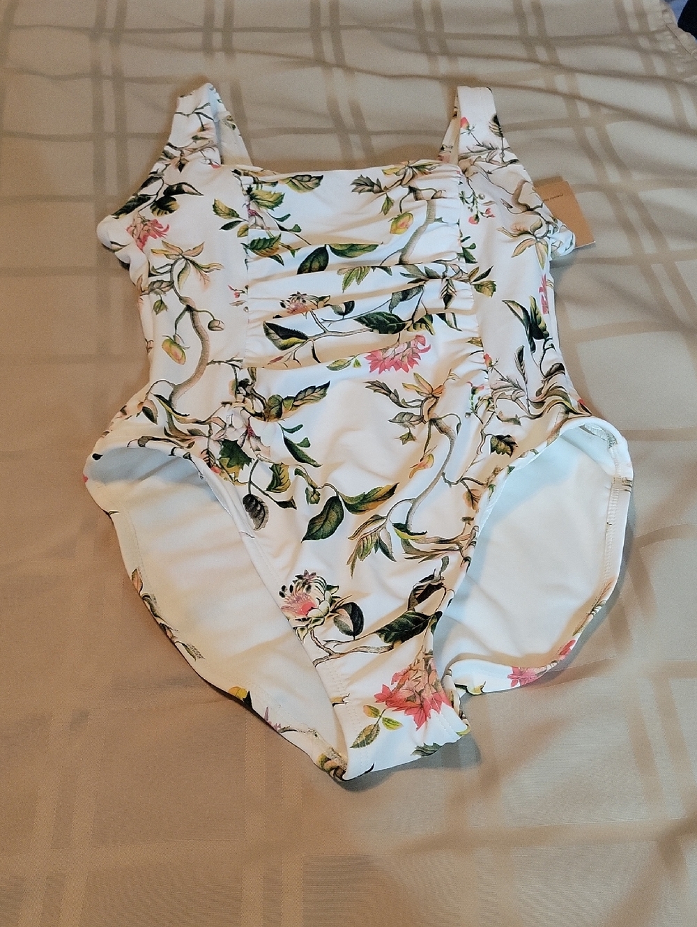 Shade & Shore White One-Piece Swimsuit with Green and Pink Botanical Print SZM